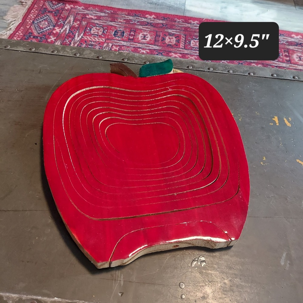 Vintage Wooden Apple Collapsible Fruit Basket Red Spiral Cut Trivet 12x9.5in